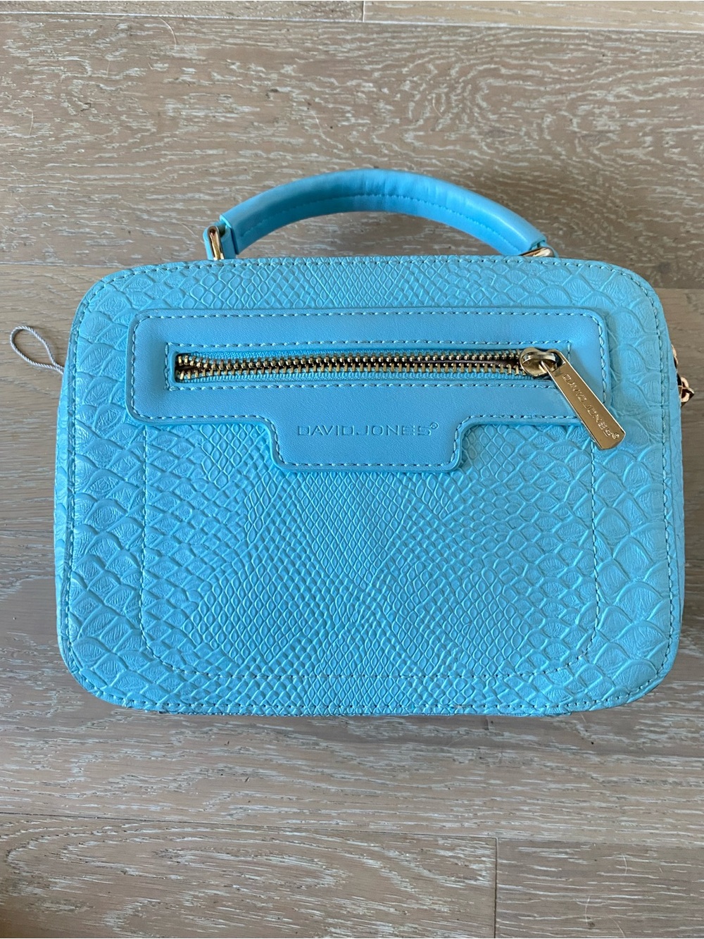 David Jones faux leather reptile embossed camera box crossbody bag sky blue